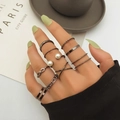 Retro ringenset van zwarte legering met parels en minimalistische punk-banden - Verstelbaar Open / Gun Black Retro Parel Stapelstijl (HS701-47) / 10-delige set / Zwart