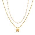 Doppellagige goldene Schmetterling-Halskette mit eleganten facettierten Perlenkette - Gold Perlen Schmetterling Zweilagig Stil (HS968-24)