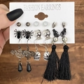 Set di 6 paia di orecchini di Halloween con ragni, teschi e nappe nere per feste a tema - HS1093-7