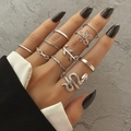 Set van 10 zilverkleurige punkringen met vlinder- en slangmotieven voor dames - Verstelbaar Open / Serpentine Bloem Retro Punk Stijl (HS701-14) / 10-delige set / Zilver