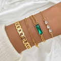 Elegant 4-piece gold chain bracelet set with green emerald and zircon accents - Emerald Drop Geometric Bracelet Set (HS1299)