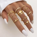 10-delige goudkleurige ringenset voor dames met vlinderontwerpen en imitatieparels - Verstelbaar Open / Vlinder Parel Ketting Stijl (HS701-32) / 10-delige set / Goud