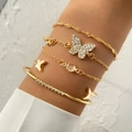 Golden 4-piece set featuring hip hop cuban link and crystal butterfly open cuff bracelets - Gold Butterfly And Open Bangle Set (HS1544-12)