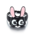 Verstelbare zwarte cartoon kattenring met roze oren en sterrenogen details - Kuromi Stijl Lange Oren (HS1263-11)