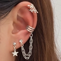 Vista dettagliata del set di ear cuff a foglia e orecchini a stella con strass - Set Orecchini Argento con Stella Foglia e Catenella (HS1578-8)