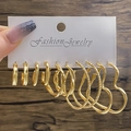 5-pair gold geometric earring set featuring C-shape hoops and heart designs on a card - 5 Pairs Smooth and Heart Shape Style (HS1414-5)