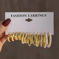 Set of 6 gold-tone C-shaped hoop earrings with pearls and hammered textures - 6 Pairs Hammered and Woven Style (HS1414-6)