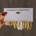 Set of 6 pairs of vintage geometric gold alloy earrings with elegant white pearls - 6 Pairs Pearl Wrapped and Crossed Style (HS1414-8)