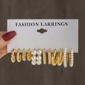 Set of six gold geometric hoop earrings with pearl accents displayed on a white card - 6 Pairs Geometric and Pearl Arrangement Style (HS1414-10)