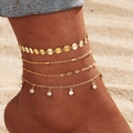 Ensemble de bracelets de cheville dorés à quatre couches avec breloques et zircons sur la plage - Style Pendentif Strass Quatre Couches Argenté (HS1705-3)