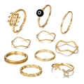 10-teiliges goldenes Ring-Set für Damen mit Schmetterlings- und Herz-Anhängern - 10-teiliges Set / Gold Blatt Böser Blick Stil (HS1418-5)