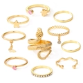 10-teiliges goldenes Ring-Set mit Schlangen- und Schmetterlingsanhängern und rosa Kristallen - 10-teiliges Set / Gold Großer Schlangen Schmetterling Strass Stil (HS1418-6)