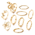 9-teiliges goldenes Legierungsring-Set mit Schlangen-, Blumen- und Geometrie-Texturen - 10-teiliges Set / Gold Schlangen Blumen Geometrisch Stil (HS1418-12)