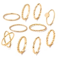 10-teiliges goldfarbenes Ring-Set mit schlichten Bändern und Herz-Gravuren - 10-teiliges Set / Gold Welle Perle Einfacher Stil (HS1418-14)