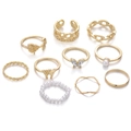 10er-Set goldene Legierungsringe mit Herz, Schmetterling und Perlen, größenverstellbar - 10-teiliges Set / Gold Rosenblüte Künstliche Perle Schmetterling Stil (HS1418-23)