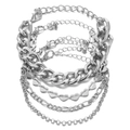 Set di 5 braccialetti multistrato argentati con maglie e ciondolo a cuore - Argento