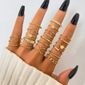18-piece gold bohemian joint ring set featuring spiral, wave, and pearl accents - Bright Gold Geometric Cross Style (HS1440-4)