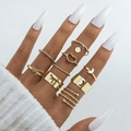 8-piece set of trendy gold alloy rings featuring dinosaur, moon, and heart designs - Gold Dinosaur Moon Set (HS1488-5)