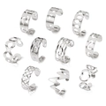 Detail view of 10-piece silver open ring set with star and moon hollow designs - Star Moon Wave Texture Geometric Silver Style (HS1526-8)