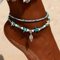 Tobillera bohemia de cuentas turquesas con dijes de búho y estrella de mar para la playa - Estilo de Colgante de Búho y Estrella de Mar (HS1513-2)