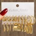9-Paar Set goldene Creolen mit gedrehtem Metall und glatten geometrischen Designs - Gold Torsion Mehrstil Kombination (HS1469-10)