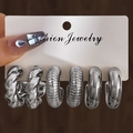 Set of 3 pairs of silver CCB hoop earrings featuring twisted and ribbed textures on a white card - 3 Pairs Set / Silver (HS1515-3)