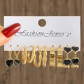 6er-Set goldene Modeschmuck-Ohrringe mit gedrehten Creolen und schwarzen Herzanhängern - Gold Schwarz Herz Kombination (HS1469-13)