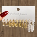 Goldenes 6-Paar Ohrring-Set mit gedrehten Creolen und edlen Kunstperlen-Akzenten - Gold Vollperlen Kombination (HS1469-21)