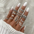 12-piece bohemian vintage silver-finish ring set with snake and floral designs - Snake Heart Daisy (HS1475-5)