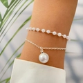 Elegante set di bracciali a doppio strato con perle barocche e catena d'argento donna - Stile Perla Doppio Strato Argento (HS1543-3)