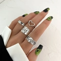 Vintage silver butterfly and mushroom ring set, 4-piece stackable bohemian jewelry - Butterfly Heart Mushroom Relief (HS1475-13)