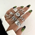 Retro silver 9-piece ring set with butterfly and snake motifs on model hand - Yin Yang Butterfly Poker (HS1475-17)