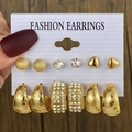 6-teiliges Set vergoldete Ohrringe mit Hammerschlag-Textur, Herzsteckern und Strass - Stecker Und Creolen Kombination (HS1300-1)