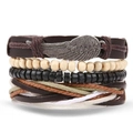 Bracciale multistrato vintage in pelle con perline in legno e ciondolo piuma d'argento - Combinazione Perline di Legno Bianco Nero e Ala d'Aquila Argento (HS1611-13)