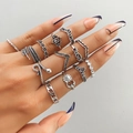 Vintage 13-piece silver ring set with snake feather and flower bohemian designs - Snake Feather Crown Black Stone (HS1475-30)