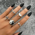 Vintage silver gothic ring set featuring butterfly heart and skull designs for women - Butterfly Skull Tai Chi Dice (HS1475-31)