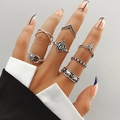 7-piece vintage silver bohemian ring set featuring elephant, moon and star designs - Star Moon Elephant Lotus (HS1475-37)