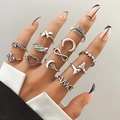 12-piece vintage silver boho rings set featuring heart moon and feather designs - Feather Star Moon AMOR (HS1475-40)