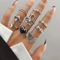 9-piece vintage gothic ring set featuring butterfly and snake motifs in antique silver - Bat Spider Mushroom Butterfly (HS1475-41)