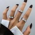 Retro silver ring set featuring embossed butterfly and floral patterns on black nails - Rose Butterfly Relief Floral (HS1475-46)