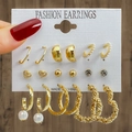 9-pair vintage gold earring set with heart studs, pearls, and hoops for women - 9 Styles Gold Heart Hoop Collection (HS1589-1)