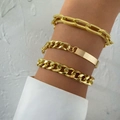 Three-piece golden punk Cuban chain bracelet set with textured links and metal plate - Gold Plate Cuban Chain Set (HS1544-2)