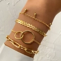 Golden alloy 4-piece hip-hop bracelet set featuring punk chain links and v-shaped charms - Gold Fishbone And Paperclip Chain Set (HS1544-3)