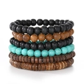 Set of six handmade woven leather and beaded bracelets featuring wooden and turquoise beads - Ethnic Turquoise Bead Style (HS1598-14)