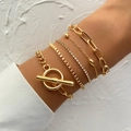 5-piece gold-plated bracelet set with Cuban links, rhinestones and OT buckle - Gold OT Buckle And Rhinestone Bracelet Set (HS1544-4)