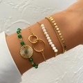 4pcs gold hip hop bracelet set with green beads, pearls, and embossed metal discs - Gold Green Bead And Disk Charm Set (HS1544-5)