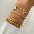 Golden 4-piece set including butterfly charm, rope chain, and Cuban link bracelets - Gold Butterfly And Leaf Layered Set (HS1544-7)