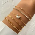 5-piece gold-tone punk Cuban link bracelet set with crystals and butterfly charm - Gold Butterfly And Rhinestone Pave Set (HS1544-8)
