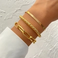 Three-piece gold-tone alloy hip-hop bracelet set featuring a flat snake chain and textured links - Gold Snake And Bead Chain Set (HS1544-11)