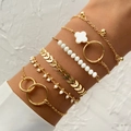 Chic 4-piece gold alloy hip hop bracelet set with white beads and twisted chain - Gold Clover And White Bead Set (HS1544-17)